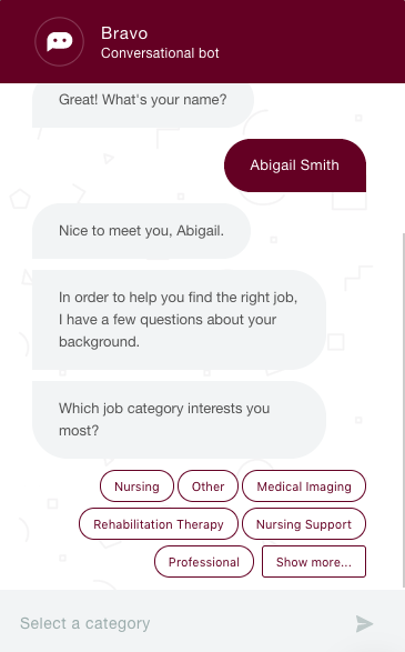 Phenom Bot asking the candidate questions